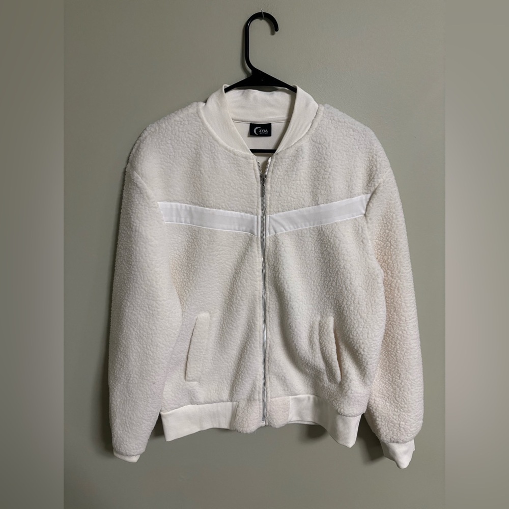 Zyia Active Sherpa Fleece Jacket Size Medium Ivory White Full Zip Flying V